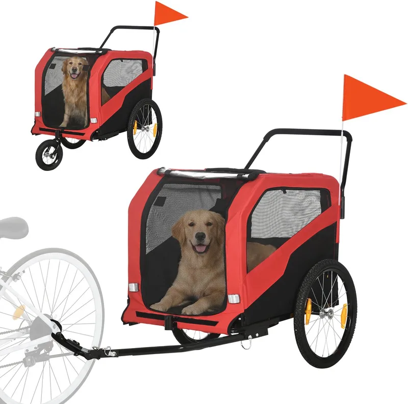 PawHut 2-in-1 Hundeanhänger, Fahrradanhänger für Hunde, Hundewagen mit Reflektoren, Hundebuggy max. 30 kg, Hundefahrradanhänger für Große Hunde, Oxford-Gewebe by PawHut in Red – product photo