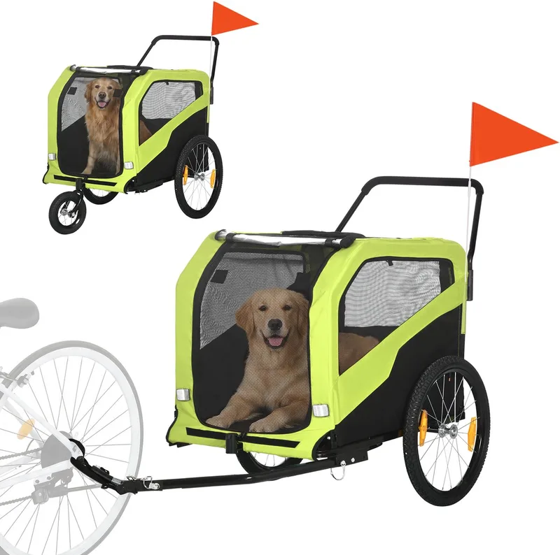 PawHut 2-in-1 Hundeanhänger, Fahrradanhänger für Hunde, Hundewagen mit Reflektoren, Hundebuggy max. 30 kg, Hundefahrradanhänger für Große Hunde, Oxford-Gewebe by PawHut in Green – product photo