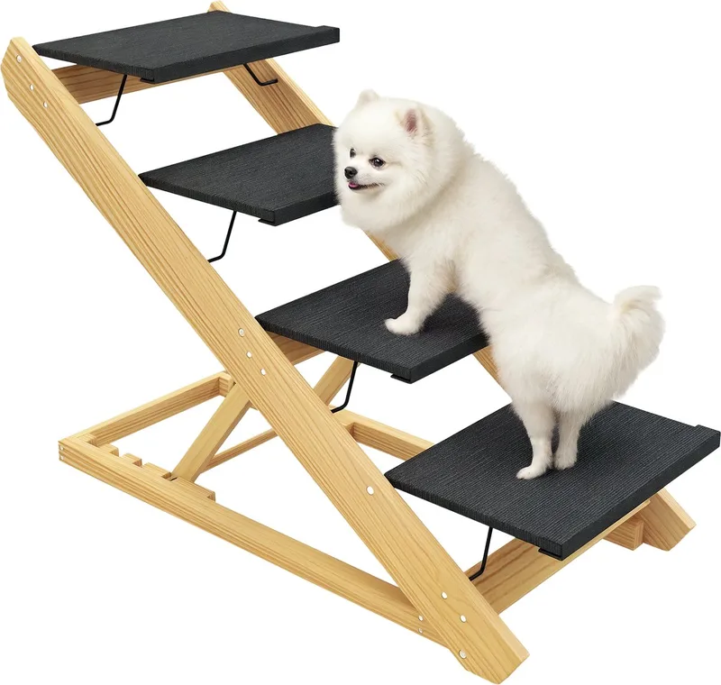 PawHut 2 in 1 Hundetreppe 4-stufige 62,5 cm Höhenverstellbar Hunderampe mit Rutschfester Oberfläche Klappbar Haustiertreppe für Bett, Sofa, Katze, große Hunde bis 40 kg, Natur von PawHut in Naturholz – Produktfoto