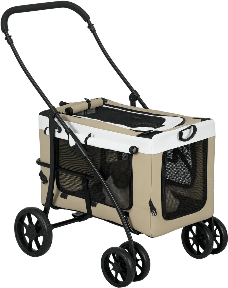 PawHut 2 in 1 Hundewagen Hundebuggy klappbar für Hunde & Katzen bis 10 kg Katzenbuggy mit Kissen Netzfenstern Türen Aufbewahrungskorb Katzenwagen Buggy von PawHut in Khaki – Produktfoto