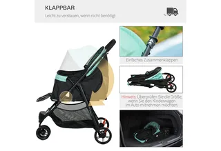 PawHut 2 in 1 Hundewagen Hundebuggy mit Regenschutz klappbar für Hunde & Katzen bis 10 kg Katzenbuggy mit Kissen Netzfenstern Türen Aufbewahrungskorb Katzenwagen Buggy von PawHut in Grün – Produktfoto 5 von 5