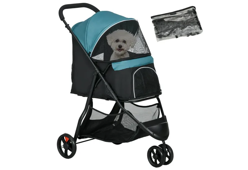 PawHut 2 in 1 Hundewagen Hundebuggy mit Regenschutz klappbar für Hunde & Katzen bis 10 kg Katzenbuggy mit Kissen Netzfenstern Türen Aufbewahrungskorb Katzenwagen Buggy de PawHut en Vert foncé – photo produit 2 sur 5