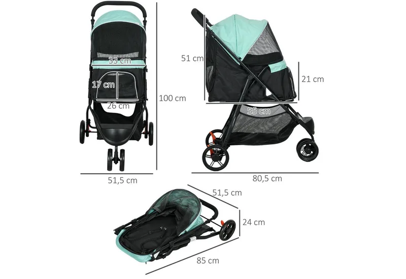 PawHut 2 in 1 Hundewagen Hundebuggy mit Regenschutz klappbar für Hunde & Katzen bis 10 kg Katzenbuggy mit Kissen Netzfenstern Türen Aufbewahrungskorb Katzenwagen Buggy von PawHut in Grün – Produktfoto 3 von 5