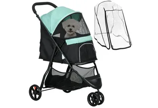 PawHut 2 in 1 Hundewagen Hundebuggy mit Regenschutz klappbar für Hunde & Katzen bis 10 kg Katzenbuggy mit Kissen Netzfenstern Türen Aufbewahrungskorb Katzenwagen Buggy von PawHut in Grün – Produktfoto 2 von 5
