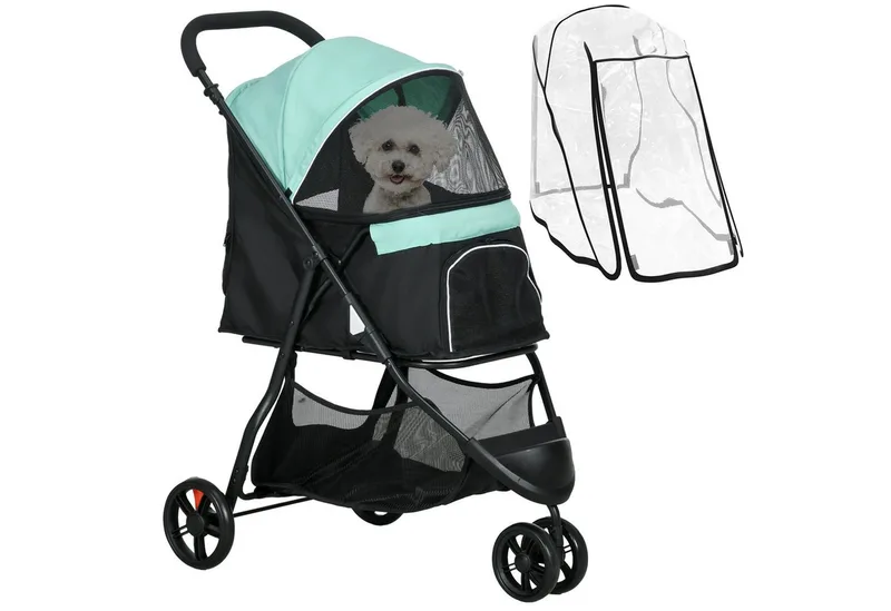 PawHut 2 in 1 Hundewagen Hundebuggy mit Regenschutz klappbar für Hunde & Katzen bis 10 kg Katzenbuggy mit Kissen Netzfenstern Türen Aufbewahrungskorb Katzenwagen Buggy von PawHut in Grün – Produktfoto 2 von 5
