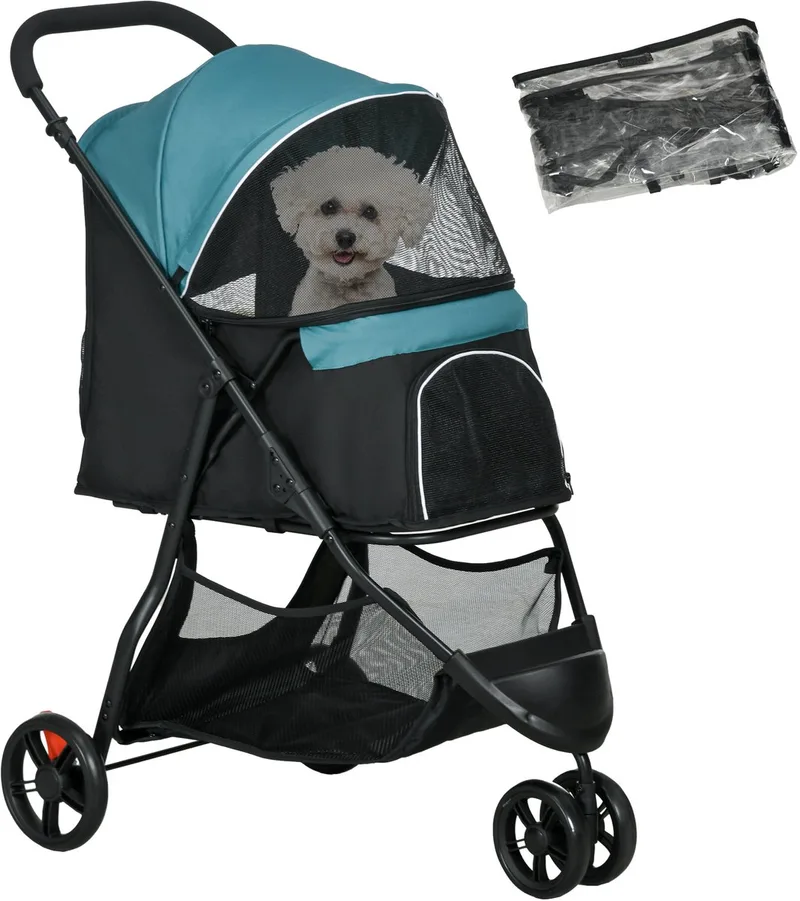 PawHut 2 in 1 Hundewagen Hundebuggy mit Regenschutz klappbar für Hunde & Katzen bis 10 kg Katzenbuggy mit Kissen Netzfenstern Türen Aufbewahrungskorb Katzenwagen Buggy de PawHut en Vert foncé – photo produit 1 sur 5