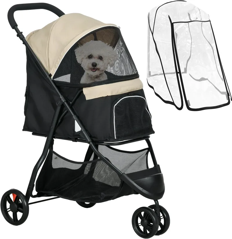 PawHut 2 in 1 Hundewagen Hundebuggy mit Regenschutz klappbar für Hunde & Katzen bis 10 kg Katzenbuggy mit Kissen Netzfenstern Türen Aufbewahrungskorb Katzenwagen Buggy fra PawHut i Khaki – produktbillede