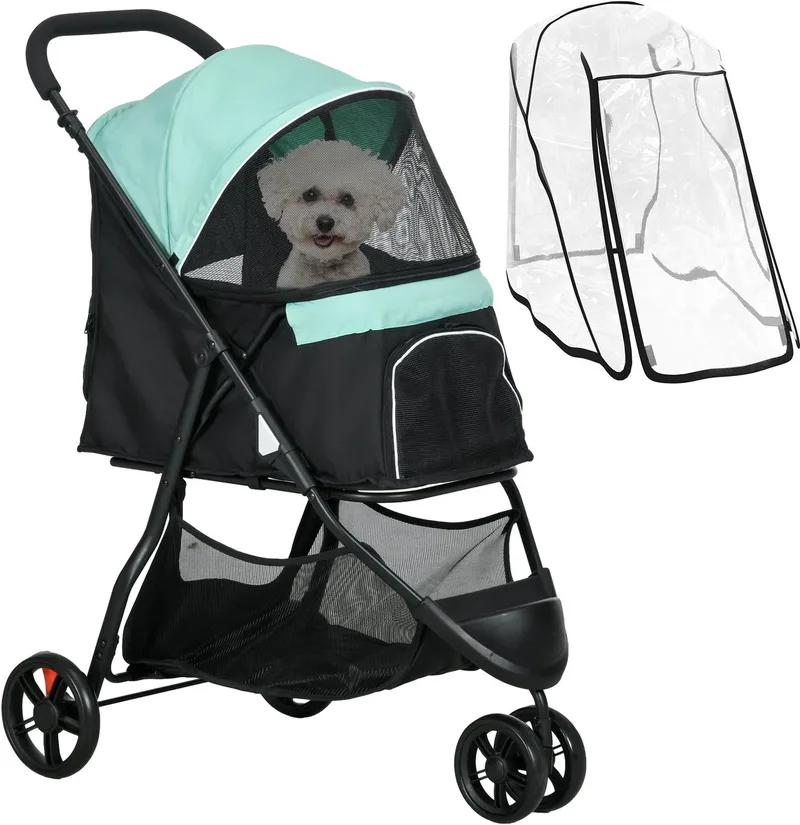 PawHut 2 in 1 Hundewagen Hundebuggy mit Regenschutz klappbar für Hunde & Katzen bis 10 kg Katzenbuggy mit Kissen Netzfenstern Türen Aufbewahrungskorb Katzenwagen Buggy von PawHut in Grün – Produktfoto 1 von 5
