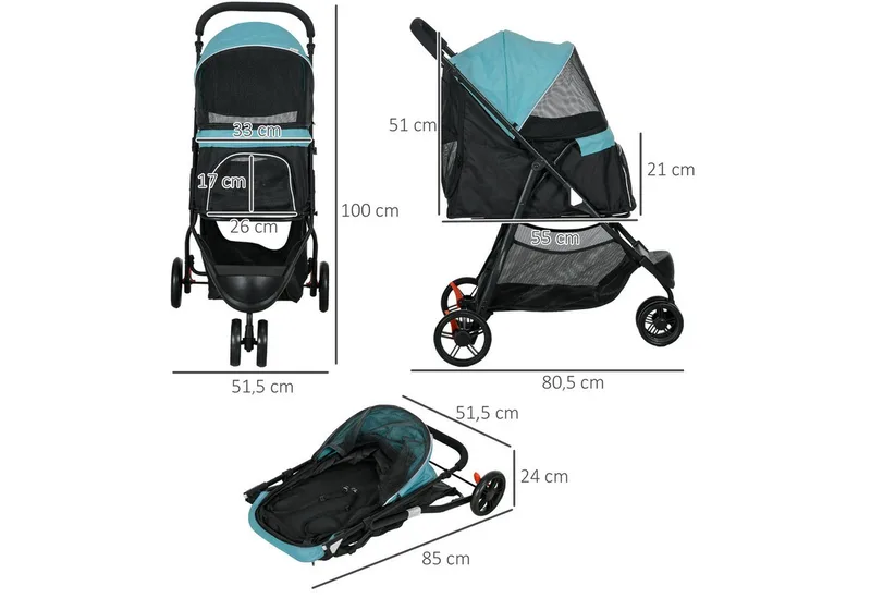 PawHut 2 in 1 Hundewagen Hundebuggy mit Regenschutz klappbar für Hunde & Katzen bis 10 kg Katzenbuggy mit Kissen Netzfenstern Türen Aufbewahrungskorb Katzenwagen Buggy de PawHut en Vert foncé – photo produit 3 sur 5