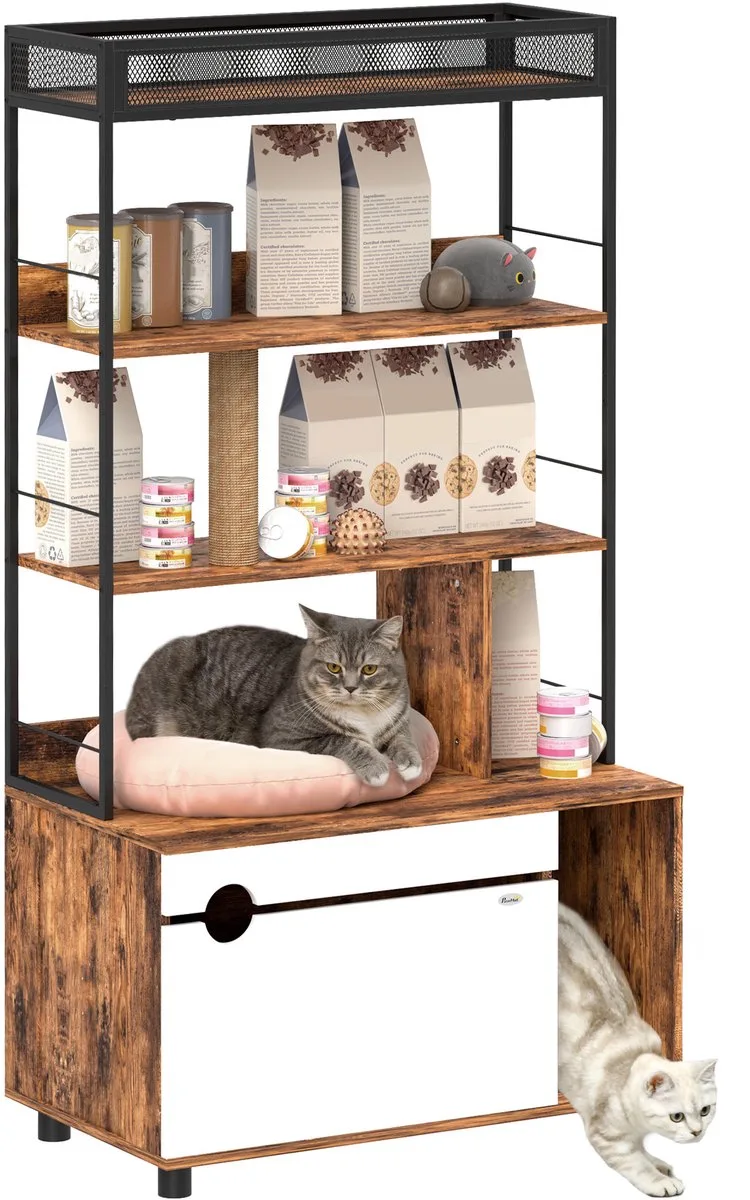 PawHut 2-in-1 Katzenklo Schrank, Katzenklo mit 3-Ebenen-Regal, Kratzpfosten, Klapptür, Katzenhaus für Katze unter 6 kg, 80 x 48 x 152 cm von PawHut in Rustikal-Braun – Produktfoto