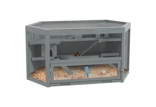 PawHut 3 Etagen Nagerkäfig, 6-eckig Kleintierkäfig, Kleintierhaus aus Holz, Mäusekäfig, Hamsterkäfig mit klappbarem Deckel, Sichtfenster, Rampe, 115 x 60 x 55 cm by PawHut in Grey – product photo 2 of 5