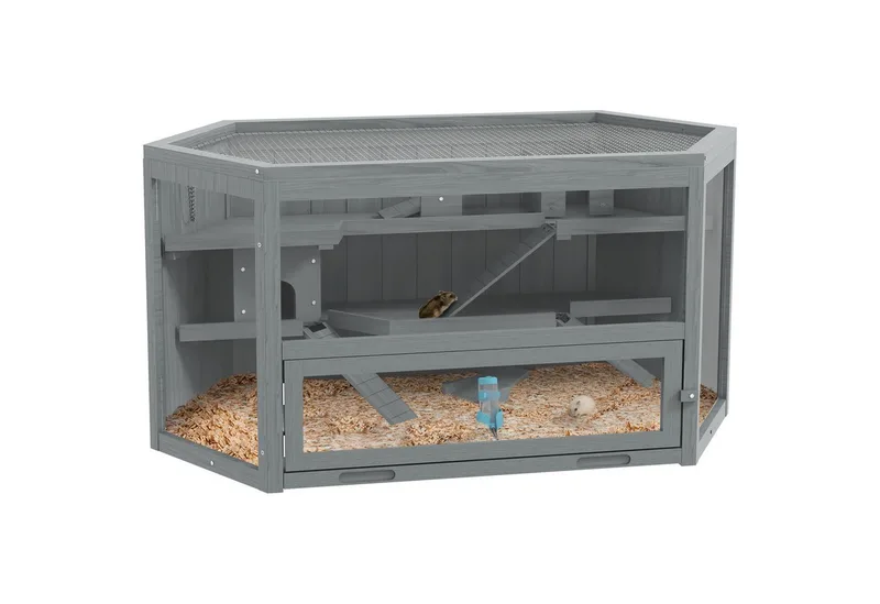 PawHut 3 Etagen Nagerkäfig, 6-eckig Kleintierkäfig, Kleintierhaus aus Holz, Mäusekäfig, Hamsterkäfig mit klappbarem Deckel, Sichtfenster, Rampe, 115 x 60 x 55 cm by PawHut in Grey – product photo 2 of 5