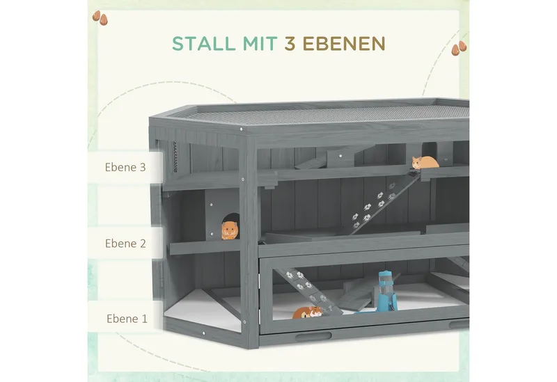 PawHut 3 Etagen Nagerkäfig, 6-eckig Kleintierkäfig, Kleintierhaus aus Holz, Mäusekäfig, Hamsterkäfig mit klappbarem Deckel, Sichtfenster, Rampe, 115 x 60 x 55 cm by PawHut in Grey – product photo 5 of 5