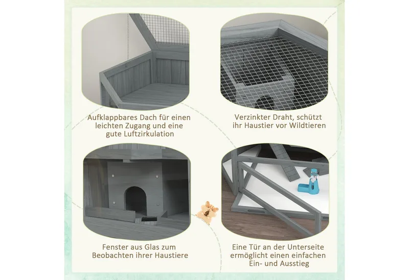 PawHut 3 Etagen Nagerkäfig, 6-eckig Kleintierkäfig, Kleintierhaus aus Holz, Mäusekäfig, Hamsterkäfig mit klappbarem Deckel, Sichtfenster, Rampe, 115 x 60 x 55 cm by PawHut in Grey – product photo 4 of 5