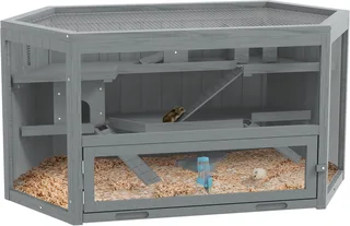 PawHut 3 Etagen Nagerkäfig, 6-eckig Kleintierkäfig, Kleintierhaus aus Holz, Mäusekäfig, Hamsterkäfig mit klappbarem Deckel, Sichtfenster, Rampe, 115 x 60 x 55 cm by PawHut in Grey – product photo 1 of 5