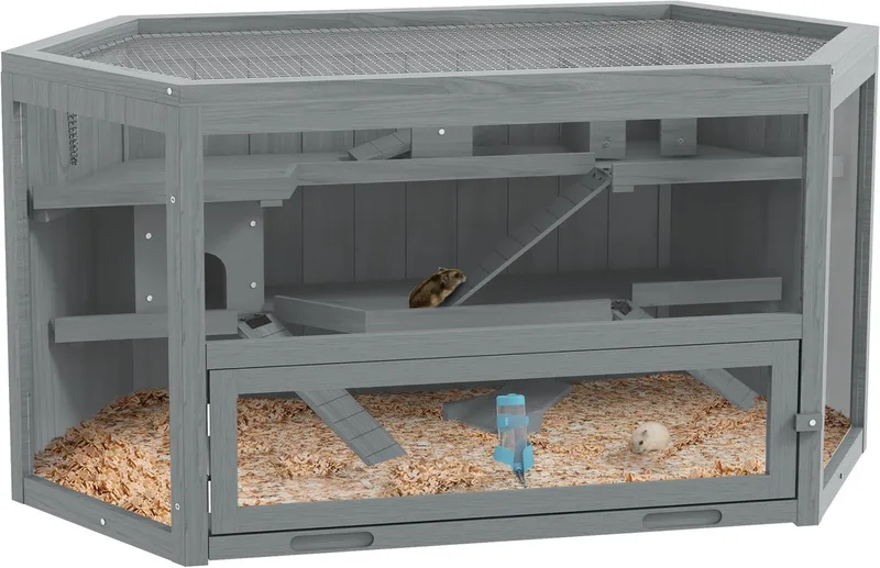PawHut 3 Etagen Nagerkäfig, 6-eckig Kleintierkäfig, Kleintierhaus aus Holz, Mäusekäfig, Hamsterkäfig mit klappbarem Deckel, Sichtfenster, Rampe, 115 x 60 x 55 cm by PawHut in Grey – product photo 1 of 5