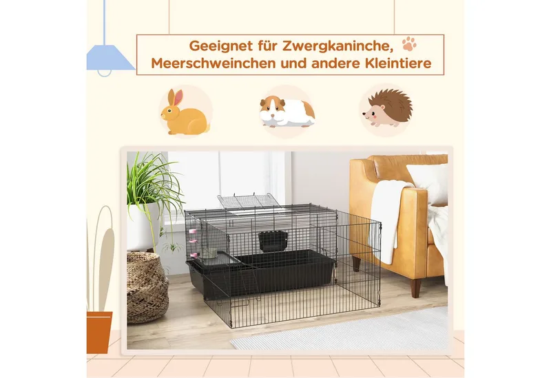 PawHut 99 cm Kleintierkäfig mit Laufstall, Kleintierstall mit Wasserflasche, Futternapf, Nagerkäfig mit Futtertrog, Meerschweinchenkäfig für Kleintiere Stahl by PawHut in Black – product photo 4 of 5