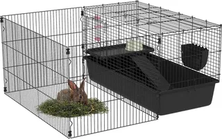 PawHut 99 cm Kleintierkäfig mit Laufstall, Kleintierstall mit Wasserflasche, Futternapf, Nagerkäfig mit Futtertrog, Meerschweinchenkäfig für Kleintiere Stahl by PawHut in Black – product photo 1 of 5