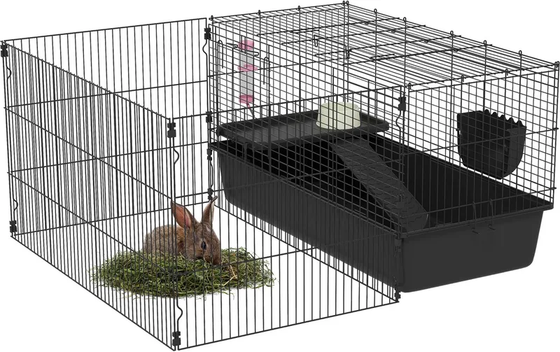 PawHut 99 cm Kleintierkäfig mit Laufstall, Kleintierstall mit Wasserflasche, Futternapf, Nagerkäfig mit Futtertrog, Meerschweinchenkäfig für Kleintiere Stahl by PawHut in Black – product photo 1 of 5