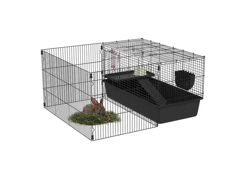 PawHut 99 cm Kleintierkäfig mit Laufstall, Kleintierstall mit Wasserflasche, Futternapf, Nagerkäfig mit Futtertrog, Meerschweinchenkäfig für Kleintiere Stahl by PawHut in Black – product photo 2 of 5