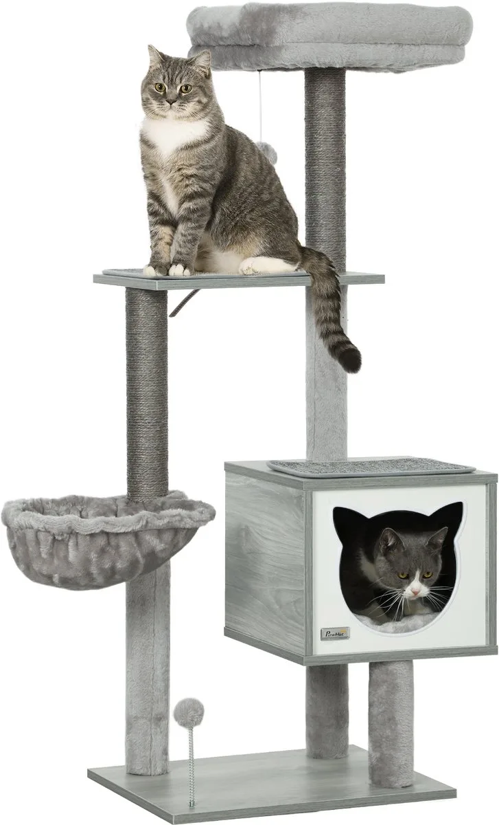 PawHut-kattenboom-48x40x126cm-korte pluche-lichtgrijs de PawHut en Gris – photo produit