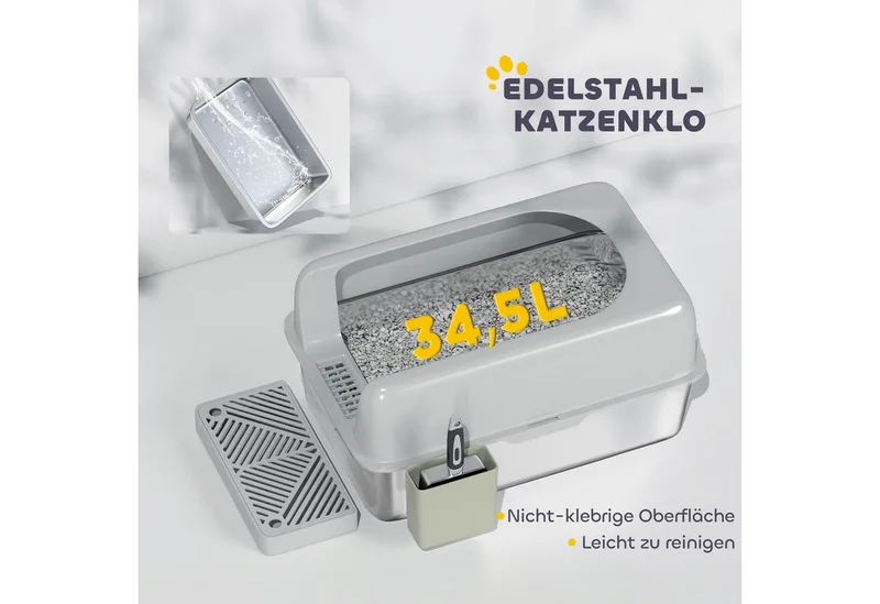 PawHut-Katzentoilette-ABS, Edelstahl-60,2L x 40,6B x 29H cm-Hellgrau by PawHut – product photo 5 of 5