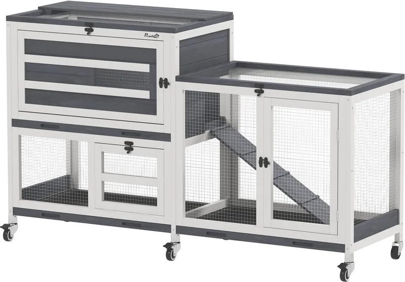 PawHut-konijnenhok-massief hout-147x45x89,5cm-grijs von PawHut in Grau – Produktfoto