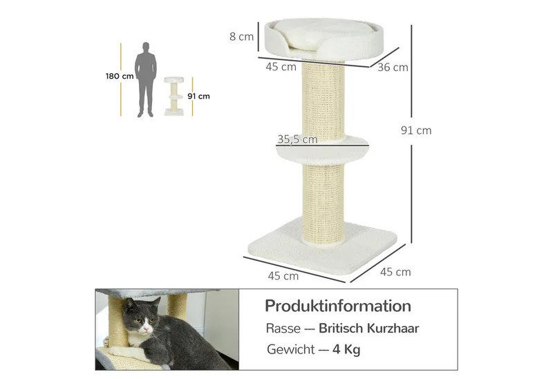 PawHut-Kratzbaum-Spanplatte, Lammwolle-45L x 45B x 91H cm-Cremeweiß von PawHut in Cremeweiß – Produktfoto 3 von 5