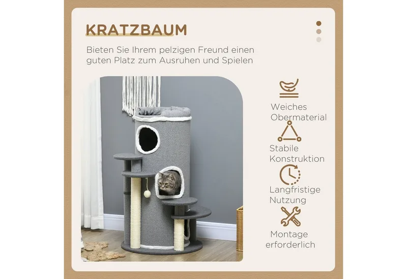 PawHut-Kratzbaum-Spanplatte, Polyester, Sisal, PP-Schaumstoff-57L x 57B x 99H cm-Grau by PawHut in Grey – product photo 4 of 5