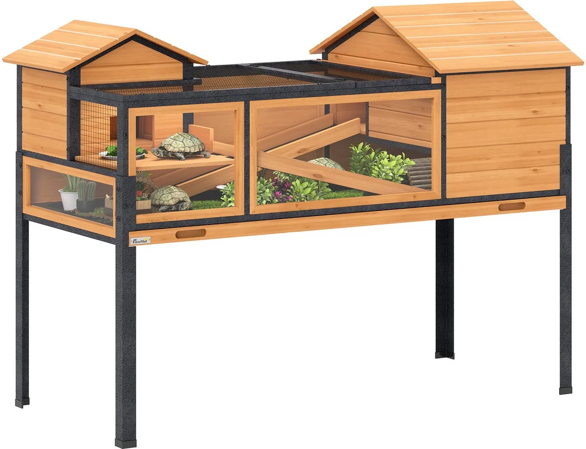 PawHut-Schildpaddenhuis-Vurenhout, staal-128x63x96cm-Geel von PawHut in Schwarz – Produktfoto