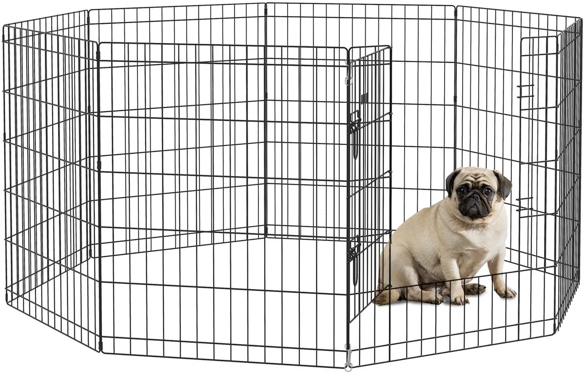 Puppyren 8 Panelen met Deur - Puppyloopstal - Hondenren - Vrijloopkooi - Zwart van PawHut in Zwart – productfoto