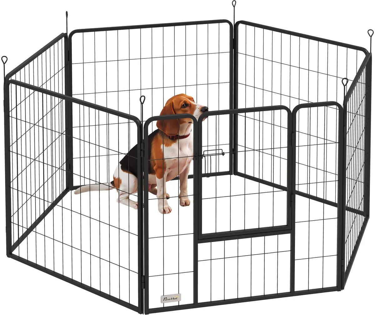 Puppyren 80 cm Hoog - Hondenren 6 Panelen met Deur - Puppyren voor Binnen en Buiten - Zwart de PawHut en Noir – photo produit
