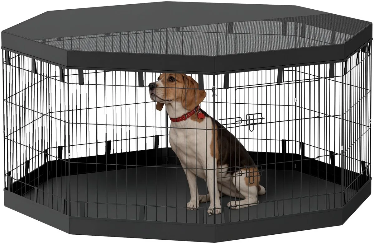 Puppyren met Dak - Hondenbench, kattenren voor honden onder 20 kg - Waterdichte bodem - Zwart van PawHut in Zwart – productfoto