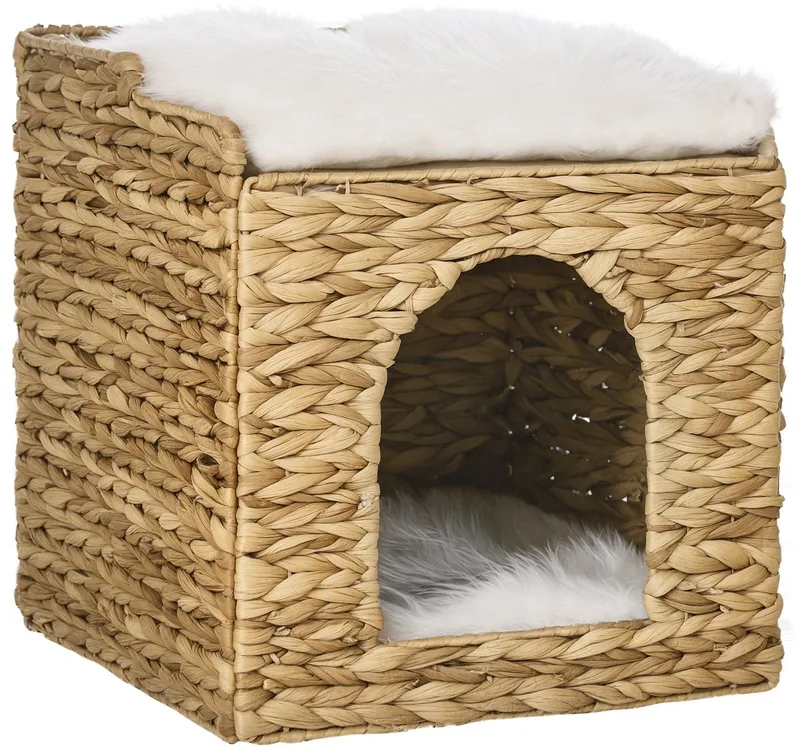Rattan Kattenhuis - Waterhyacint - 37,5 x 37,5 x 41,5 cm - Bruin von PawHut in Creme – Produktfoto
