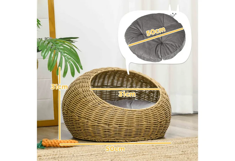 Rattan Katzenkorb Katzenhaus Katzenhütte mit Kissen für Katzen bis 4 kg, Haustierbett Katzenhöhle, Indoor, PE-Rattan, Ø50 x 31 cm, Hellbraun von PawHut in Braun – Produktfoto 3 von 5