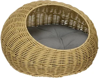 Rattan Katzenkorb Katzenhaus Katzenhütte mit Kissen für Katzen bis 4 kg, Haustierbett Katzenhöhle, Indoor, PE-Rattan, Ø50 x 31 cm, Hellbraun von PawHut in Braun – Produktfoto 1 von 5