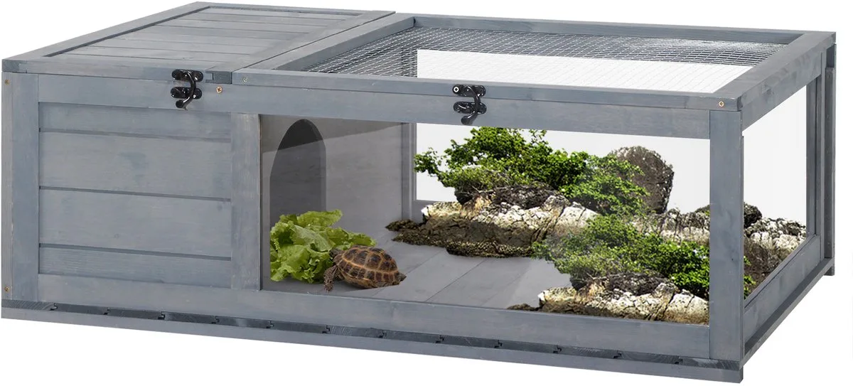 Schildpaddenverblijf Dennenhout 91L x 60,5B x 32H cm von PawHut in Grau – Produktfoto