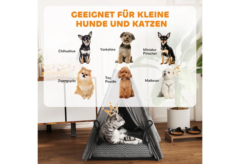 Tent - met kussen - antislip - voor katten en honden de PawHut en Gris, Noir, Blanc – photo produit 4 sur 5