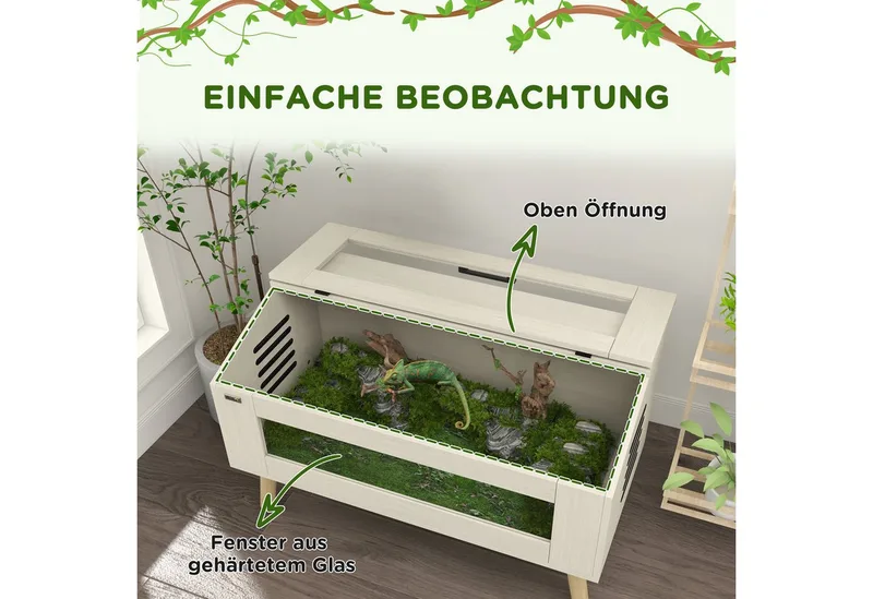 Terrarium für Reptilien, 140L Reptil Fütterungsbox mit gehärteten Glasfenstern, Deckel, Beine, Reptilienzuchtbox für Amphibien, Spinne, 100 x 50 x 60 cm by PawHut in Eiche – product photo 5 of 5