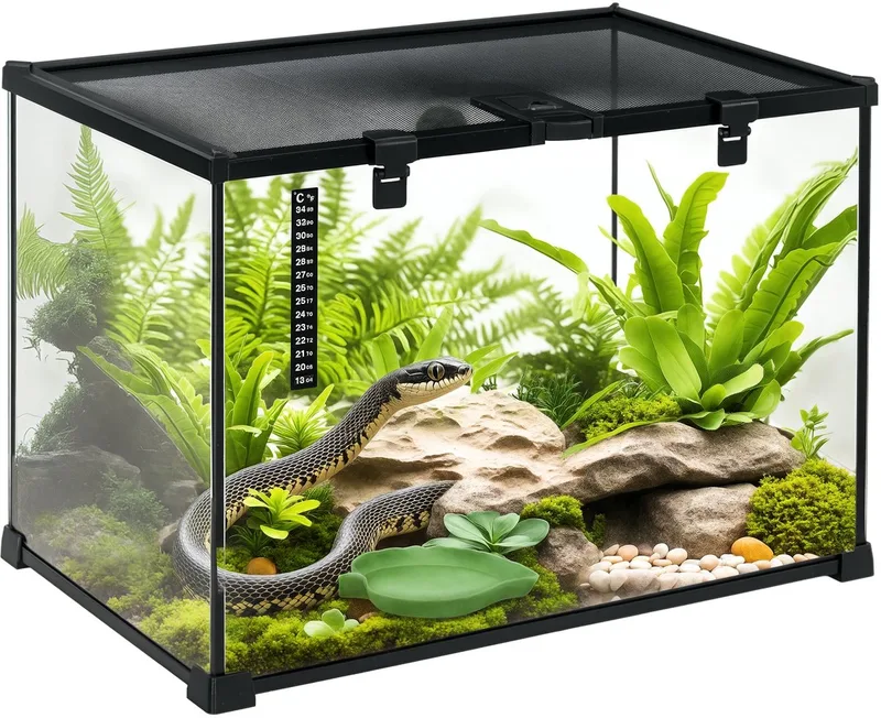 Terrarium - met thermometer - met voeringopening by PawHut in Black – product photo