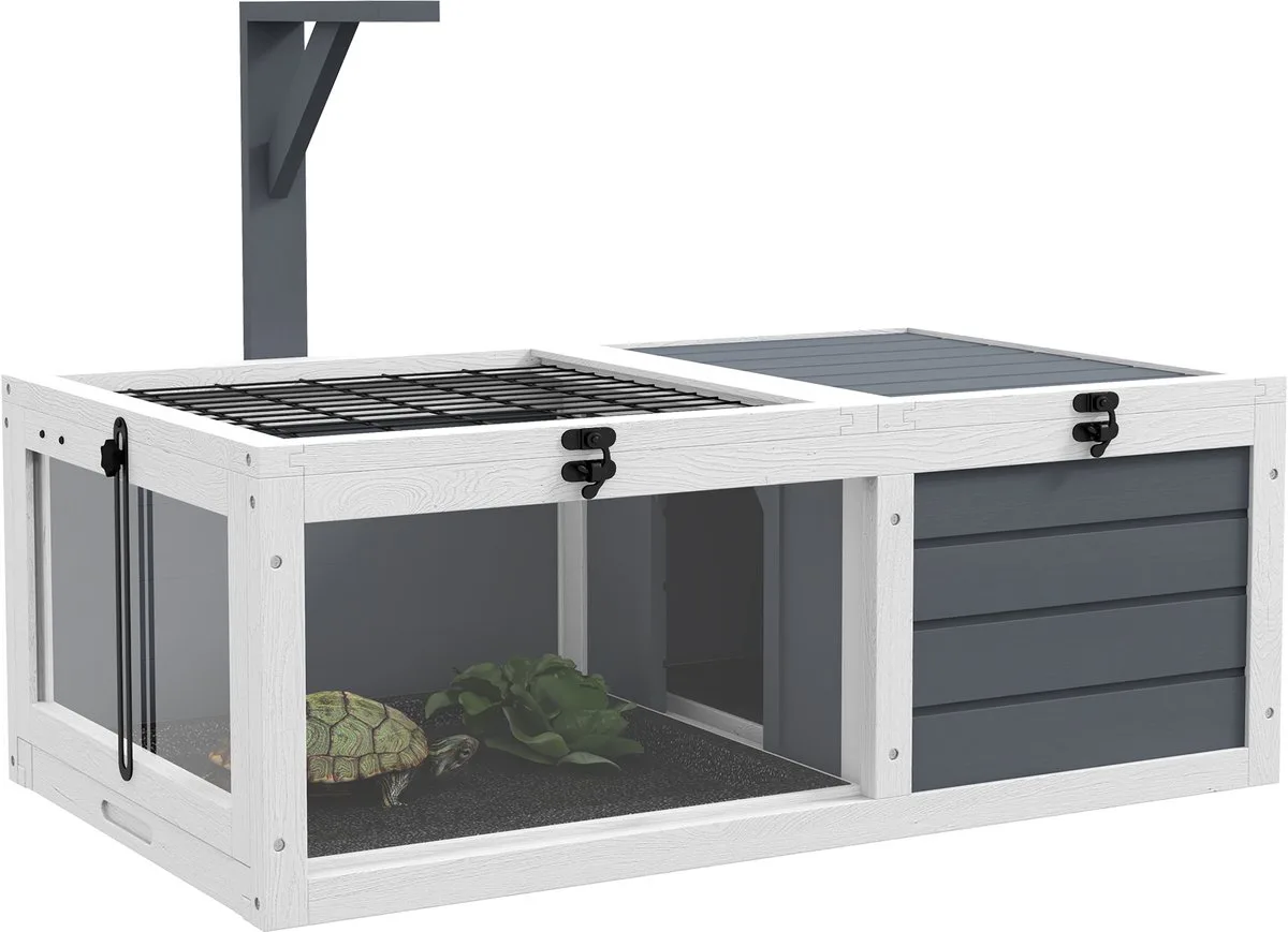 Tortoise House-Sparrenhout, Staal-81L x 48B x 31,5H cm-Grijs+Wit fra PawHut i Grå, Hvid – produktbillede