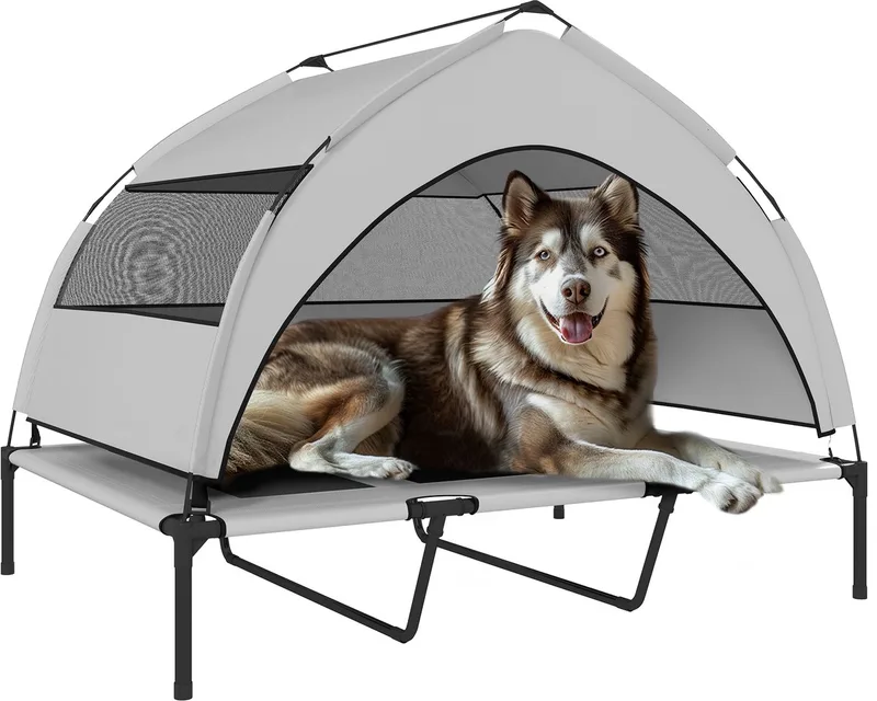 Verhoogd Hondenbed-Polyester, Staal-122L x 92B x 94H cm-Lichtgrijs by PawHut in Light grey – product photo