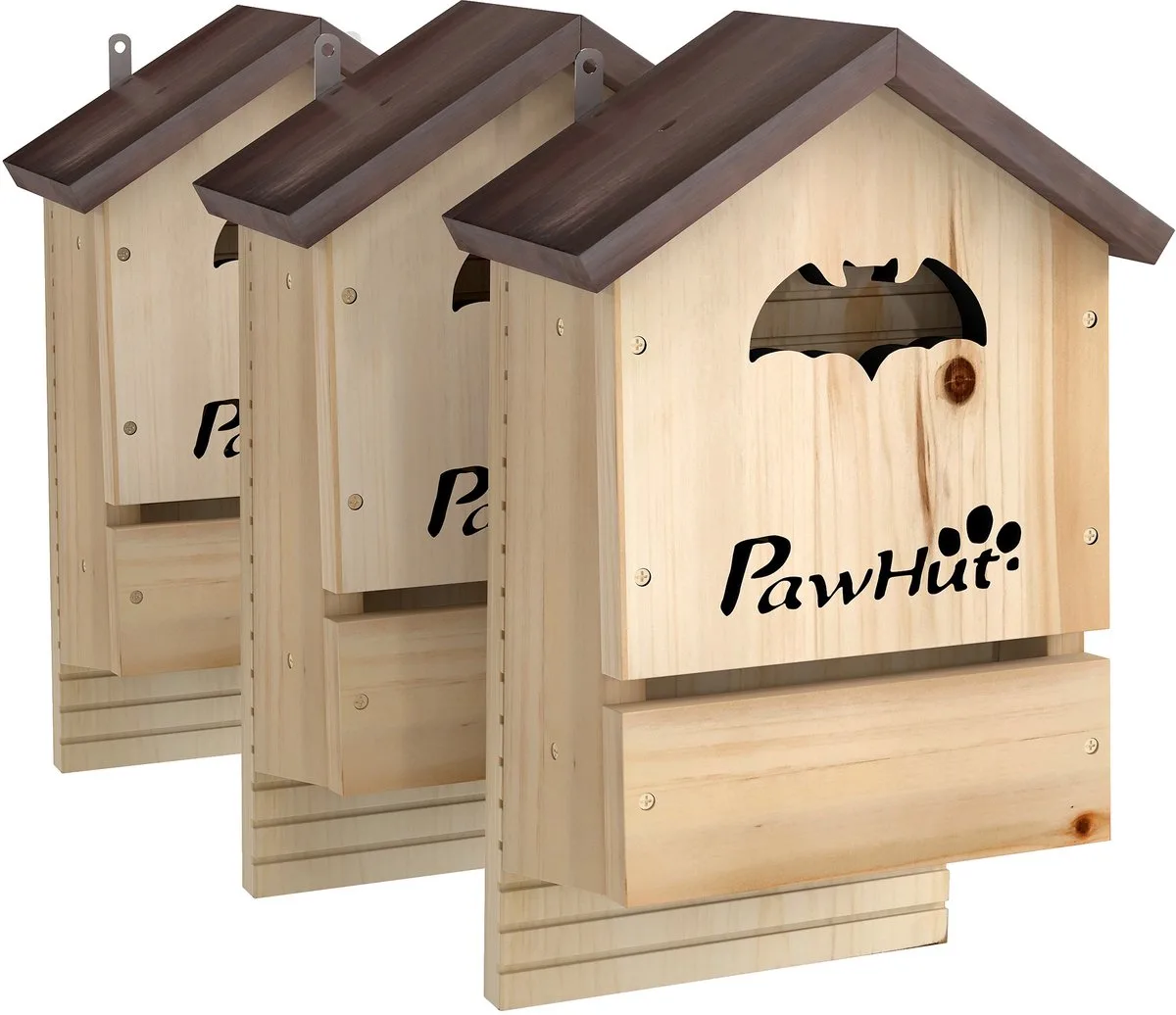 vleermuiskast set van 3 voor in de tuin - Vleermuizenhuis - Vleermuiskasten - Nestkast - Naturel van PawHut in Natuurlijk hout, Bruin – productfoto
