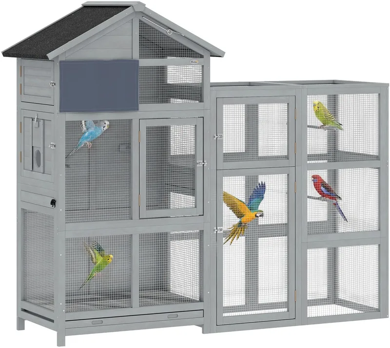 Vogelkooi-dennenhout, metaal-196L x 60B x 164,5H cm-grijs by PawHut in Grey – product photo