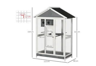 Vogelvoliere aus Holz Vogelkäfig groß Wellensittichkäfig mit 4 Sitzstangen, Vogelbauer mit Ausziehbarer Bodenwanne, Vogelhaus für Kanarienvögel, Tanne, 112 x 68 x 154 cm von PawHut in Weiß+Grau+Schwarz – Produktfoto 3 von 5