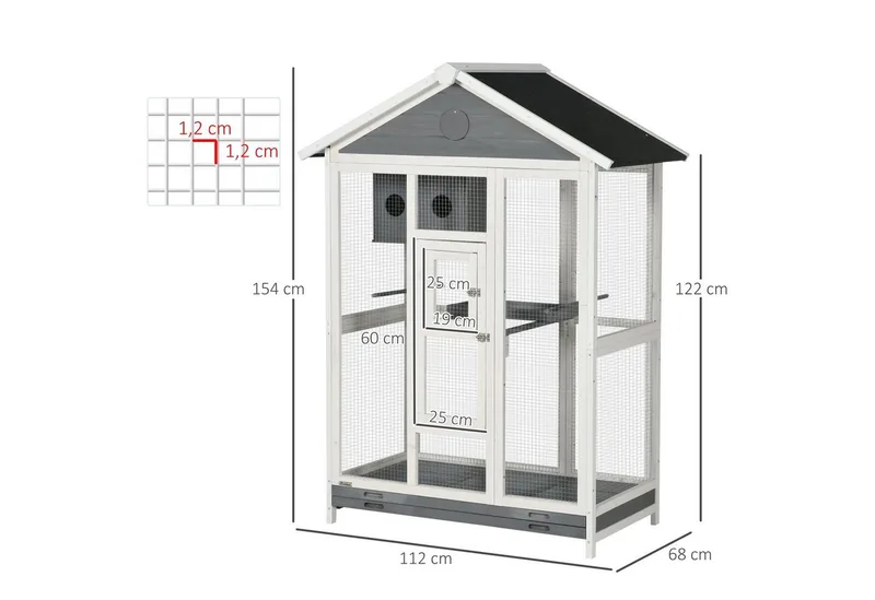Vogelvoliere aus Holz Vogelkäfig groß Wellensittichkäfig mit 4 Sitzstangen, Vogelbauer mit Ausziehbarer Bodenwanne, Vogelhaus für Kanarienvögel, Tanne, 112 x 68 x 154 cm von PawHut in Weiß+Grau+Schwarz – Produktfoto 3 von 5