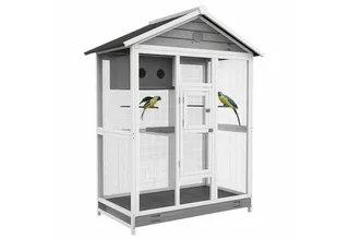 Vogelvoliere aus Holz Vogelkäfig groß Wellensittichkäfig mit 4 Sitzstangen, Vogelbauer mit Ausziehbarer Bodenwanne, Vogelhaus für Kanarienvögel, Tanne, 112 x 68 x 154 cm von PawHut in Weiß+Grau+Schwarz – Produktfoto 2 von 5