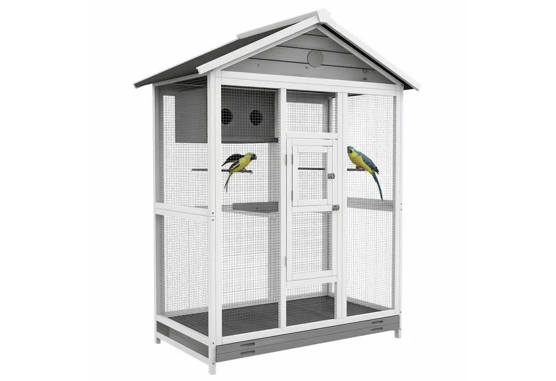 Vogelvoliere aus Holz Vogelkäfig groß Wellensittichkäfig mit 4 Sitzstangen, Vogelbauer mit Ausziehbarer Bodenwanne, Vogelhaus für Kanarienvögel, Tanne, 112 x 68 x 154 cm von PawHut in Weiß+Grau+Schwarz – Produktfoto 2 von 5