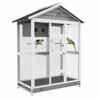 Vogelvoliere aus Holz Vogelkäfig groß Wellensittichkäfig mit 4 Sitzstangen, Vogelbauer mit Ausziehbarer Bodenwanne, Vogelhaus für Kanarienvögel, Tanne, 112 x 68 x 154 cm von PawHut in Weiß+Grau+Schwarz – Produktfoto 1 von 5