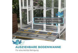 Vogelvoliere aus Holz Vogelkäfig groß Wellensittichkäfig mit 4 Sitzstangen, Vogelbauer mit Ausziehbarer Bodenwanne, Vogelhaus für Kanarienvögel, Tanne, 112 x 68 x 154 cm von PawHut in Weiß+Grau+Schwarz – Produktfoto 5 von 5